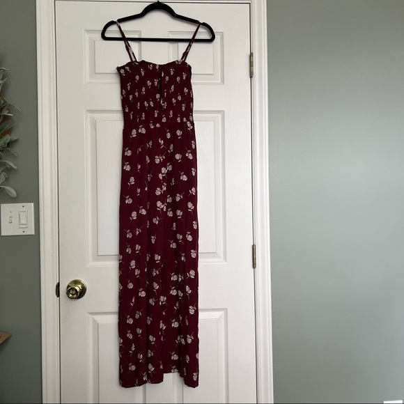 Olivaceous | Burgundy Floral Print Smocked Jumpsuit - Picture 2 of 6